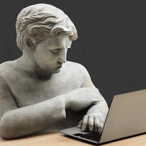 Image similar to a marble statue sitting at a desk with a frustration expression and a laptop on the desk