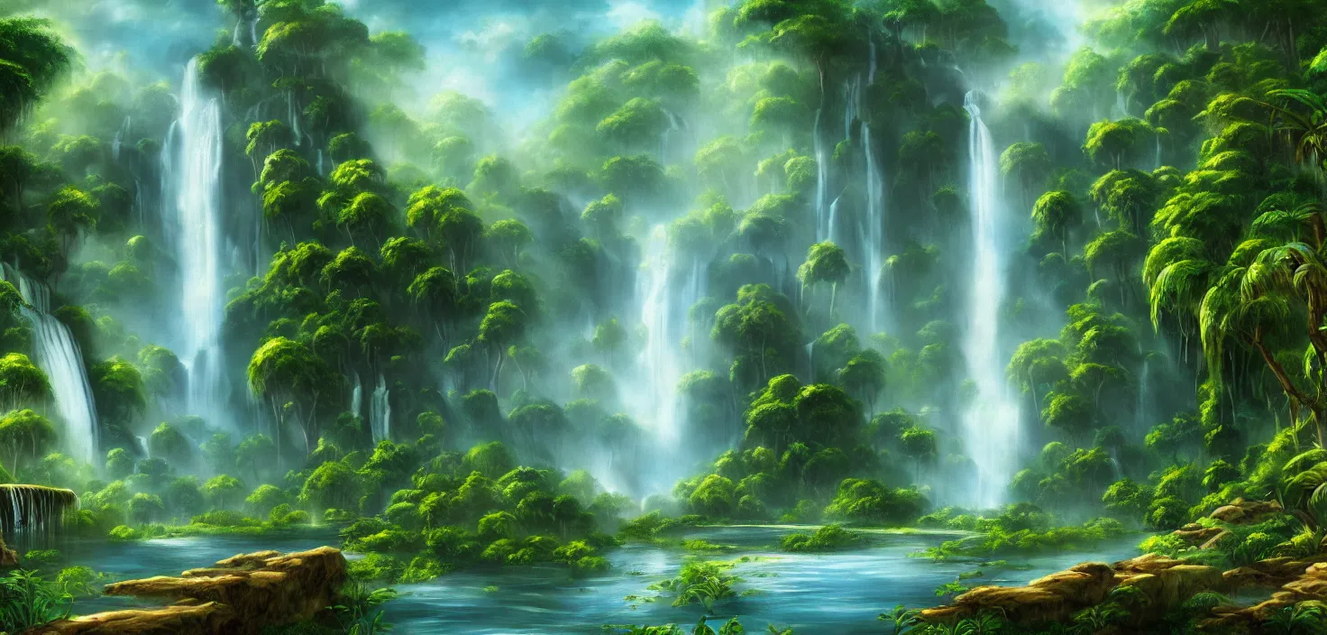 Image similar to waterfall in the jungle, a detailed matte painting by bob ross, deviantart, fantasy art, matte painting, detailed painting, 2 d game art