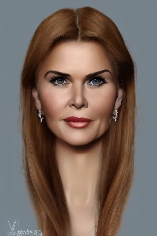 Prompt: mix of beautiful young maria shriver, mariel hemmingway, brooke shields, nicole kidman and elle macpherson as a snake, thin lips, hair tied up in a pony tail, dark blonde hair, colorful, artstation, cgsociety