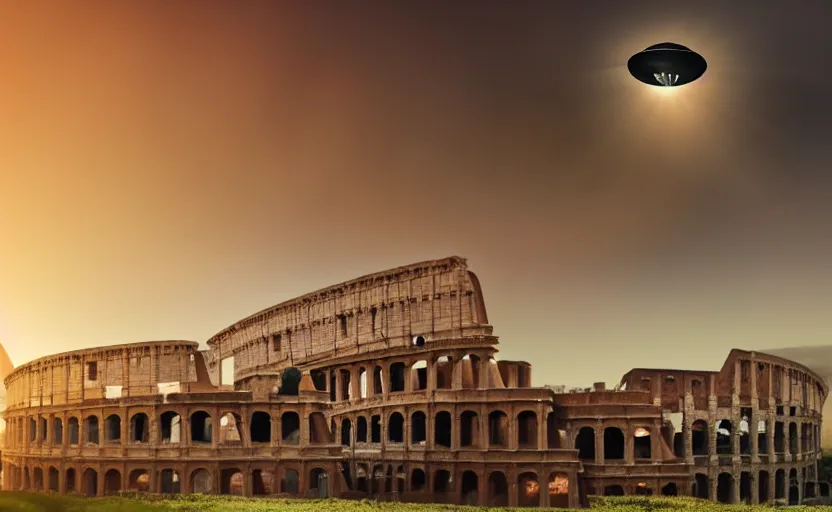 Image similar to a ufo flying saucer in the sky attack colosseum in rome at sunset, foggy volumetric light, a beam of light from the ufo, cinematic trending on artstation