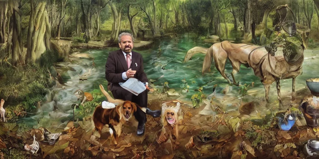 Prompt: alan sugar. going for a walk in the country. sitting on hands. eating leaves in the forest on the floor. eating burnt toast and drinking fresh clear water from a stream, painting in the style of dali. pastry pets on his shoulders