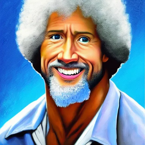 Image similar to dwayne johnson as bob ross, zoomed into his face while he is painting a painting, ultra realistic, hd, 8 k, happy little trees