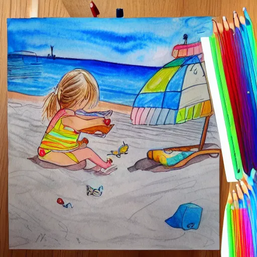 Prompt: [ illustration by a child ] of a [ beach ] trending on artstation 4 k kid drawing childs drawing watercolor painting intricate detailed