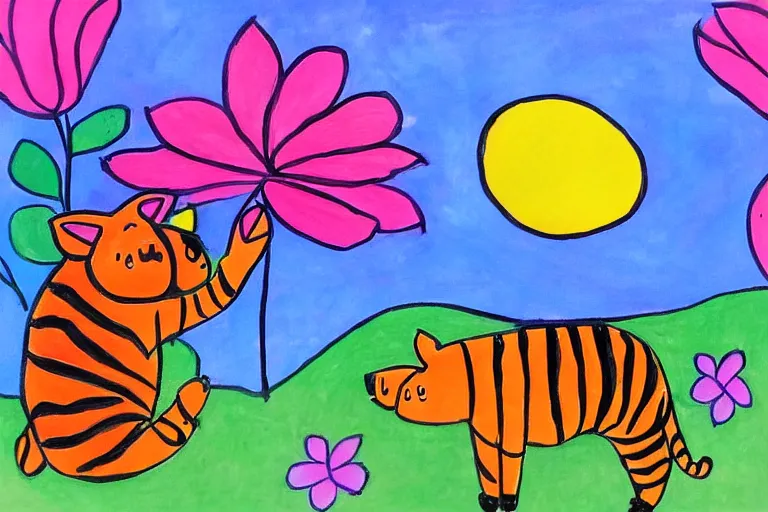 Image similar to a beautiful picture of a tiger and a pig, flower, by sanyu