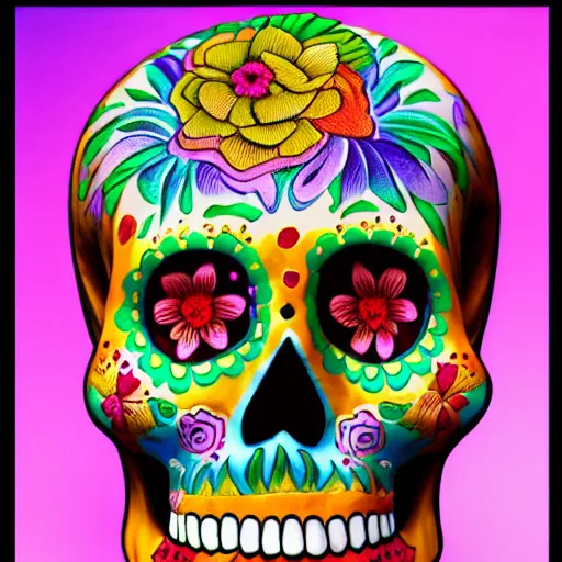 Prompt: beautiful dia de muertos sugar skull artwork on a real human skull, 1 6 k resolution, ultra realistic, highly detailed, colorful, festive