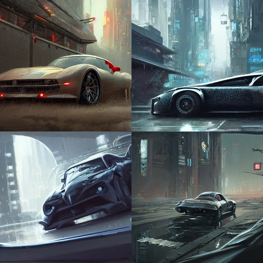 Prompt: full view of a car, intricate, elegant, highly detailed, digital painting, concept art, smooth, sharp focus, art style from Greg Rutkowski and Bruce Kaiser and Scott Robertson and Dmitry Mazurkevich and Doruk Erdem and Jon Sibal, small hint of cyberpunk style