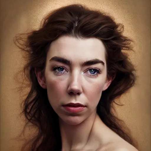 Image similar to stunning photo of vanessa kirby, dark - haired goddess, a beautiful closeup, she has tears running down her face, wet lips, perfect eyes, insanely detailed, elegant, by wlop, rutkowski, livia prima, mucha,