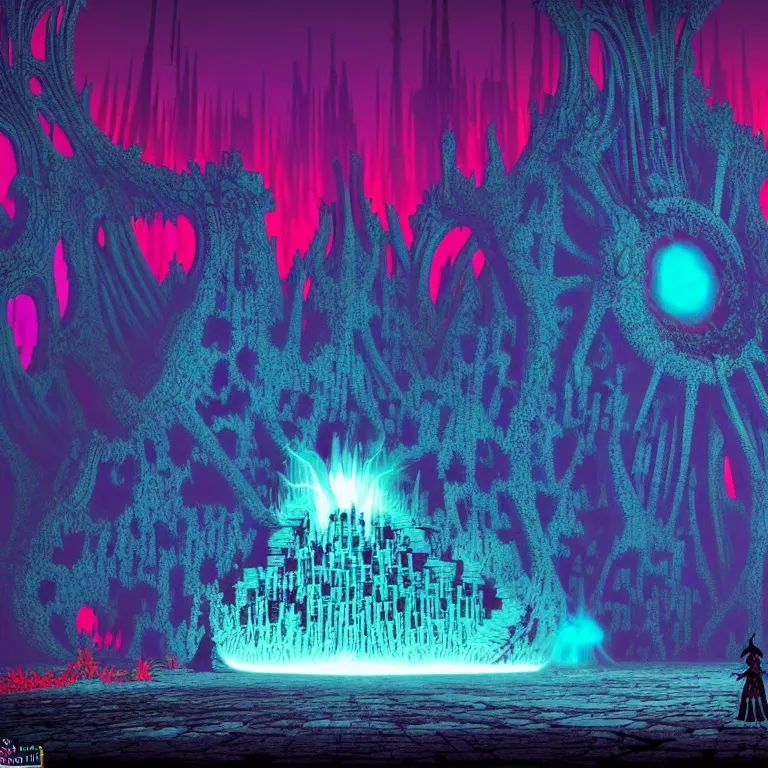 Image similar to the kiln of the first flame from dark souls 3, infinite fractal tesseract, quantum waves, synthwave, bright neon colors, highly detailed, cinematic, eyvind earle, tim white, philippe druillet, roger dean, ernst haeckel, lisa frank, aubrey beardsley, kubrick