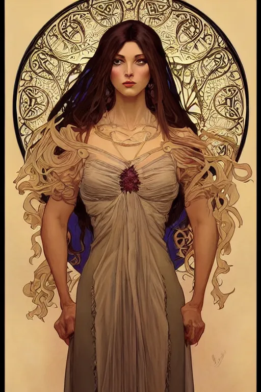 Prompt: high priestess, intricate, elegant, highly detailed, concept art, sharp focus, beautiful face!!, digital art, smooth defined outlines!!, human anatomy, human structure, by Brom, trending on Artstation, Alphonse Mucha