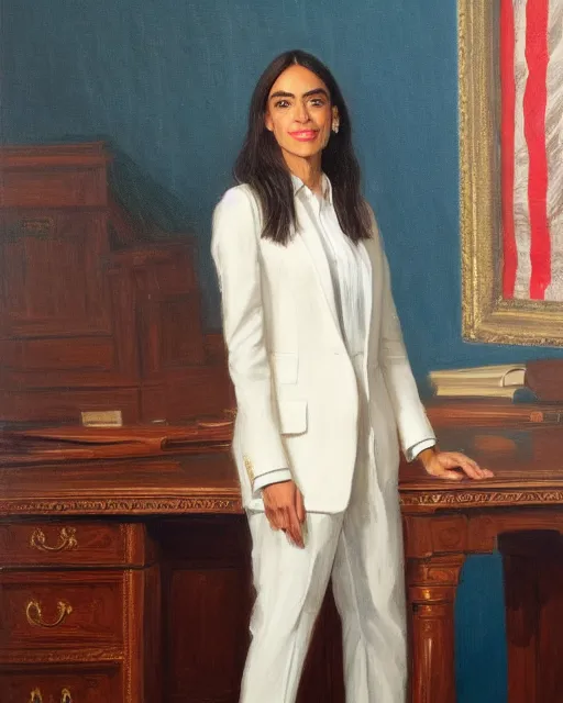 Prompt: close - up portrait of the united states president, alexandria ocasio - cortez, standing at the resolute desk, 2 0 2 4, painting, oil on canvas by william sidney mount, trending on artstation, national archives