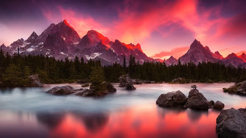 Image similar to amazing landscape photo of mountains with lake in sunset by marc adamus, beautiful dramatic lighting