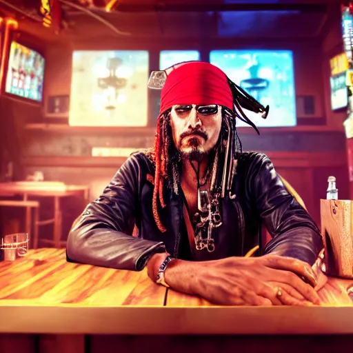 Image similar to a high quality portrait of a pirate in a cyberpunk cafe realism 8k