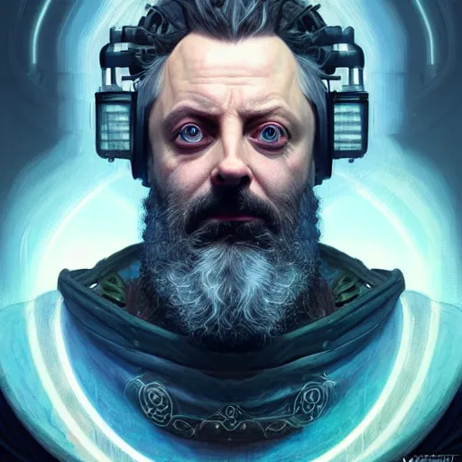 Prompt: portrait painting of a cyberpunk dwarf mage bald and bearded michael sheen, ultra realistic, concept art, intricate details, eerie, highly detailed, photorealistic, octane render, 8 k, unreal engine. art by artgerm and greg rutkowski and charlie bowater and magali villeneuve and alphonse mucha