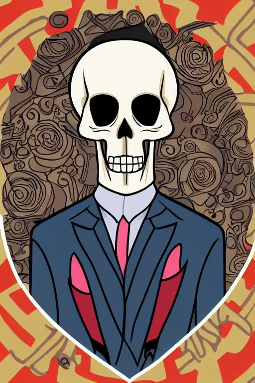 Image similar to A portrait of a skeleton in a suit, sticker, colorful, illustration, highly detailed, smooth and clean vector curves, no jagged lines, vector art, smooth