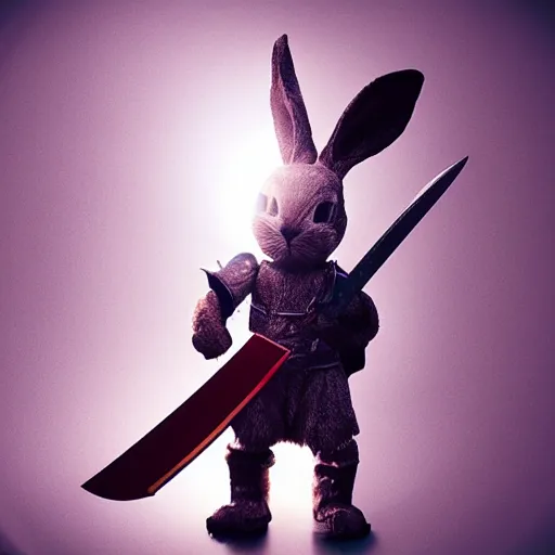 Image similar to bunny with helmet and sword, dramatic lighting cinematic establishing shot extremely high detail foto realistic cinematic lighting post processed