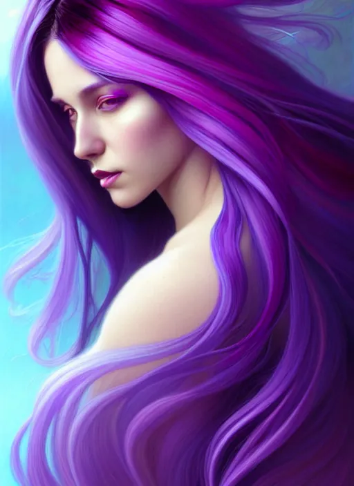Prompt: Purple hair relistic Portrait of a woman with bright colored flying hair, all shades of purple. Hair coloring, long hair, fantasy, intricate, elegant, highly detailed, digital painting, artstation, concept art, smooth, sharp focus, illustration, art by artgerm and greg rutkowski and alphonse mucha