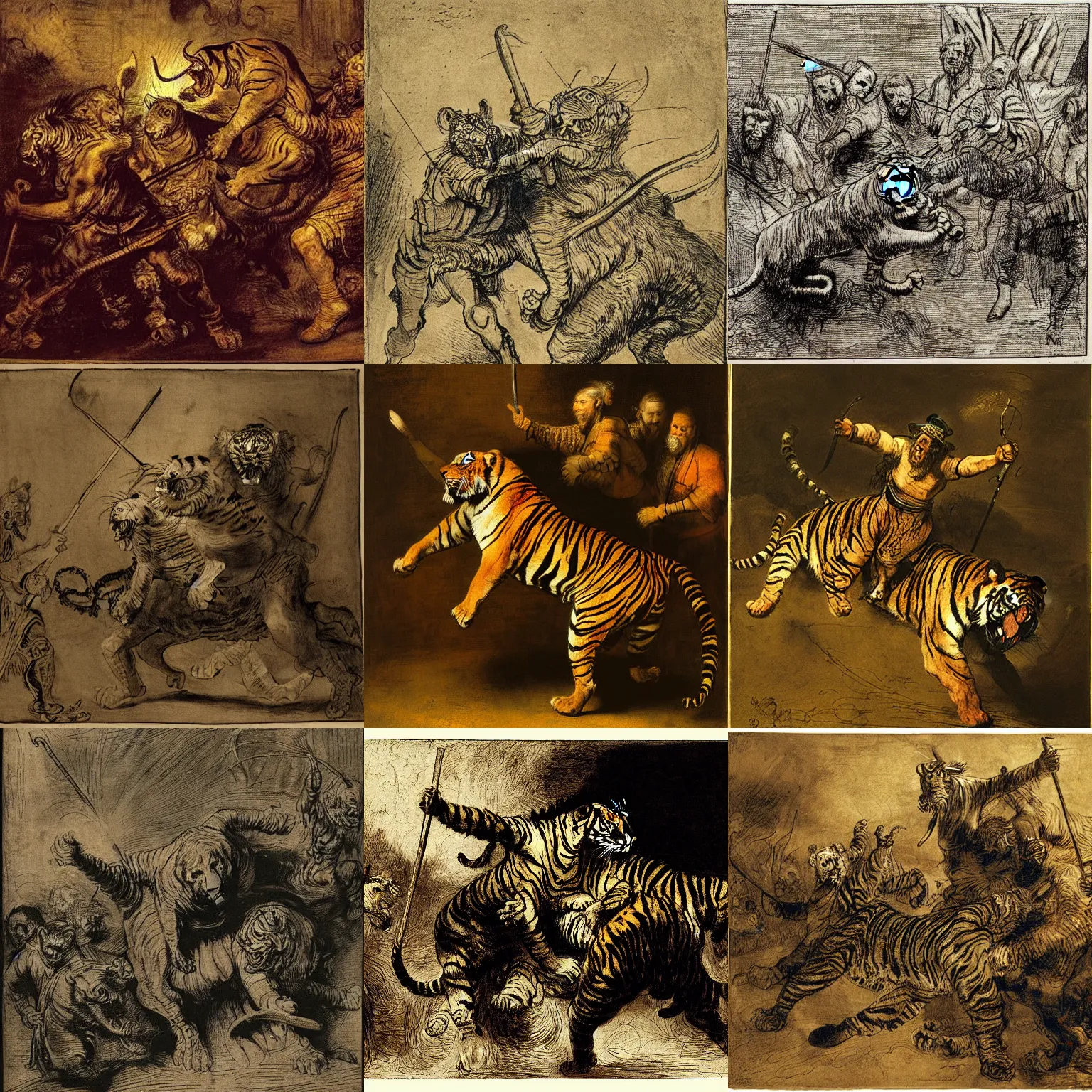 Prompt: Shoki Riding a Tiger and Attacking a Group of Demons by Rembrandt