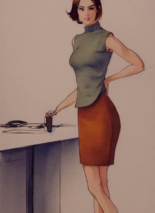 Image similar to concept art of a modern office life, young attractive business woman in pencil miniskirt and sleeveless turtleneck, pinterest, artstation trending, behance, watercolor, by coby whitmore, silver, laser light,