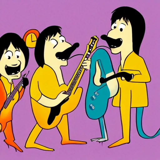 Prompt: mice playing in a rock band inspired by the beatles, animation, art by ken anderson and mel shaw,