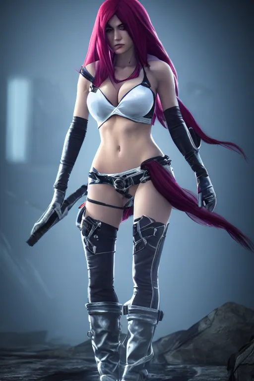 Image similar to Katarina from League of Legends, photorealistic full body, studio lighting, unreal engine 5, hyperrealistic, dynamic lighting, white ambient background, realistic, highly detailed