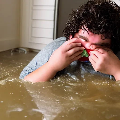 Prompt: flash photography of chubby teenage boy with long curly brown hair vomiting, and flooding the basement he is sitting in with vomit