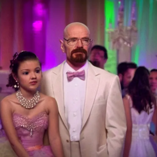 Image similar to Walter White at his quinceanera, cinematic shot, film still, wide shot