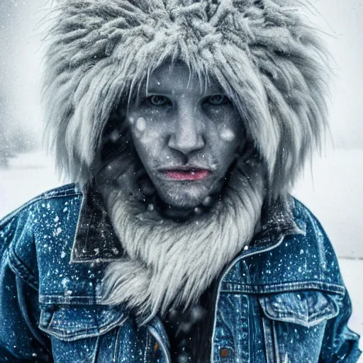 Image similar to an award winning National Geographic picture of a white lion wearing a denim Jacket in the snow by Lee Jeffries, 85mm ND 5, perfect lighting in a snow storm