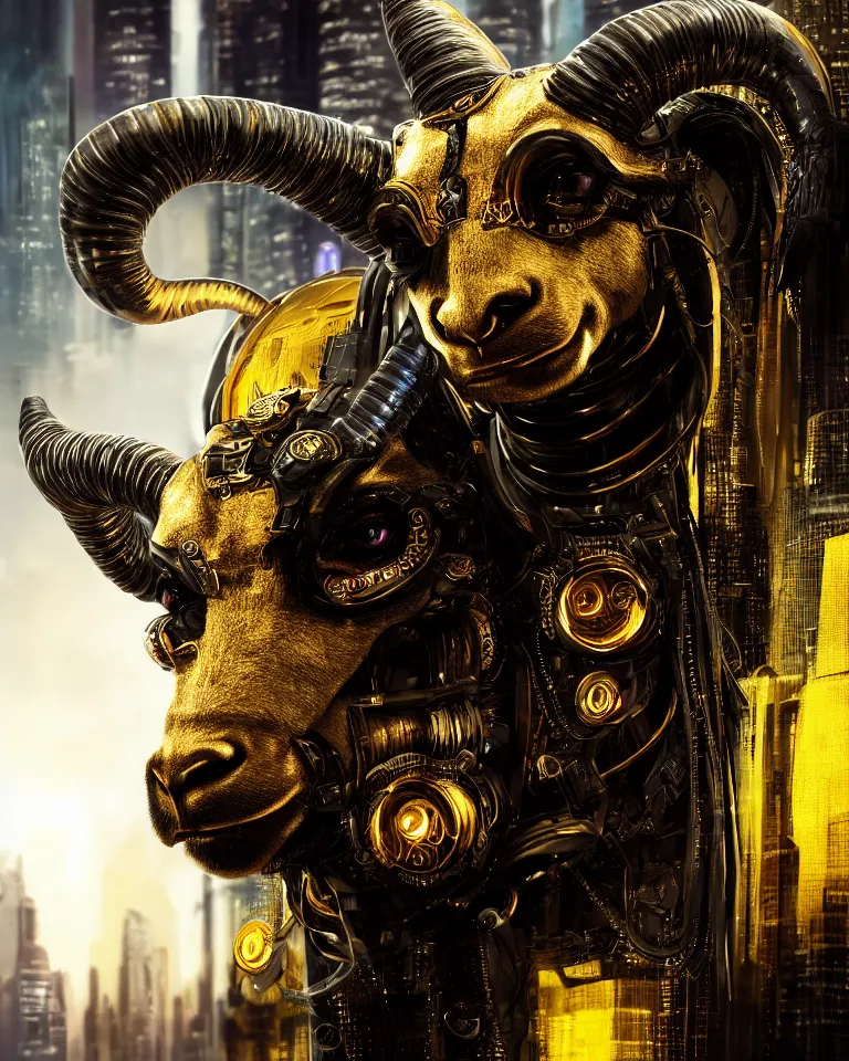 Prompt: cyberpunk Black ram with golden horns portrait, detailed face and eyes, city background, by Anne Stokes, 8K DoP