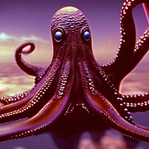 Image similar to hyperrealism photography computer simulation visualisation of detailed octopus riding on a astronaut back in the detailed ukrainian village in dramatic scene from movie the big lebowski ( 1 9 9 8 )