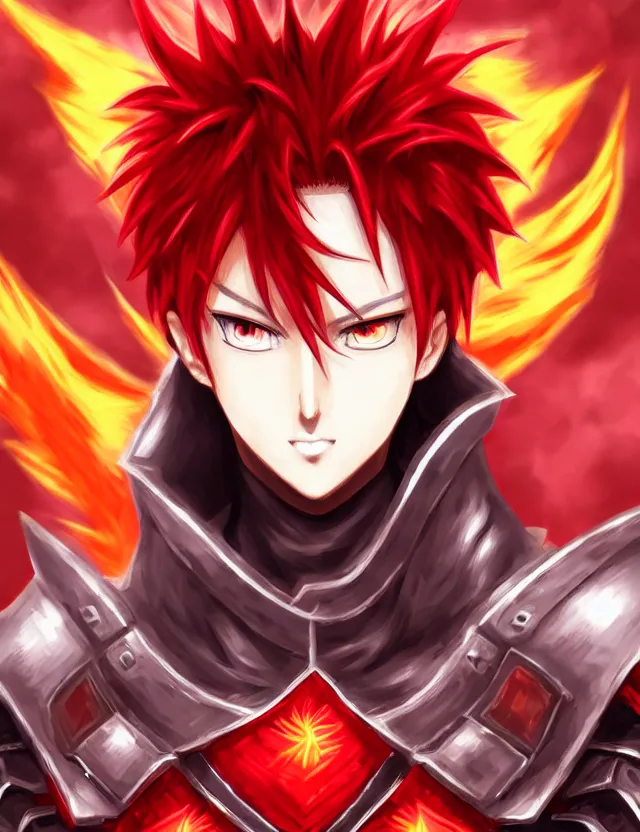 Image similar to a detailed manga portrait of a handsome tall man with spiked crimson hair in fiery crimson crystalline armour, trending on artstation, digital art, 4 k resolution, detailed, high quality, sharp focus, hq artwork, coherent, insane detail, character portrait