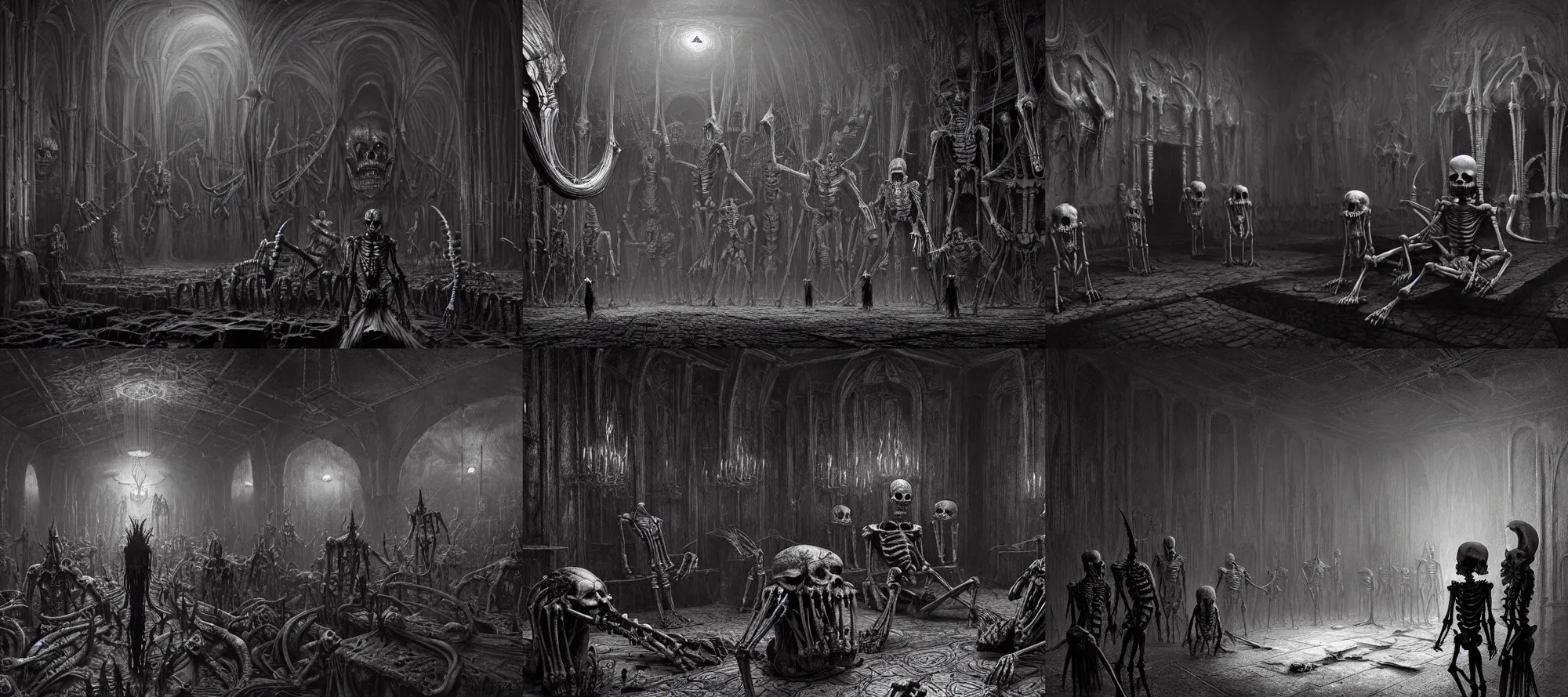 Prompt: room full of large demonic skeletons, dark atmosphere, artstation, trending, intricate lining, inspired by tormentum dark sorrow screenshot, by piotr ruszkowski, h. r. giger and zdzisław beksinski