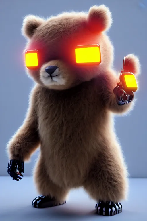 Image similar to high quality 3 d render very cute fluffy cyborg!! bear plays moog synthesizer, cyberpunk highly detailed, unreal engine cinematic smooth, in the style of blade runner & detective pikachu, hannah yata charlie immer, moody light, low angle, uhd 8 k, sharp focus