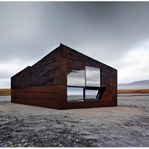 Image similar to futuristic architect house made from deconstucted wood and mirrors, iceland landscape photography, by lurie belegurschi and gunnar freyr