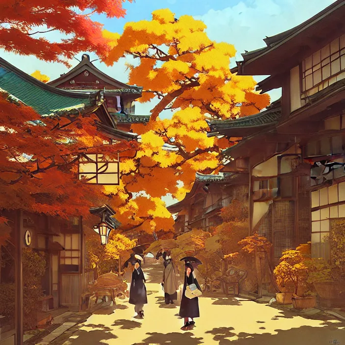 Image similar to japanese rural town, autumn, in the style of studio ghibli, j. c. leyendecker, greg rutkowski, artem