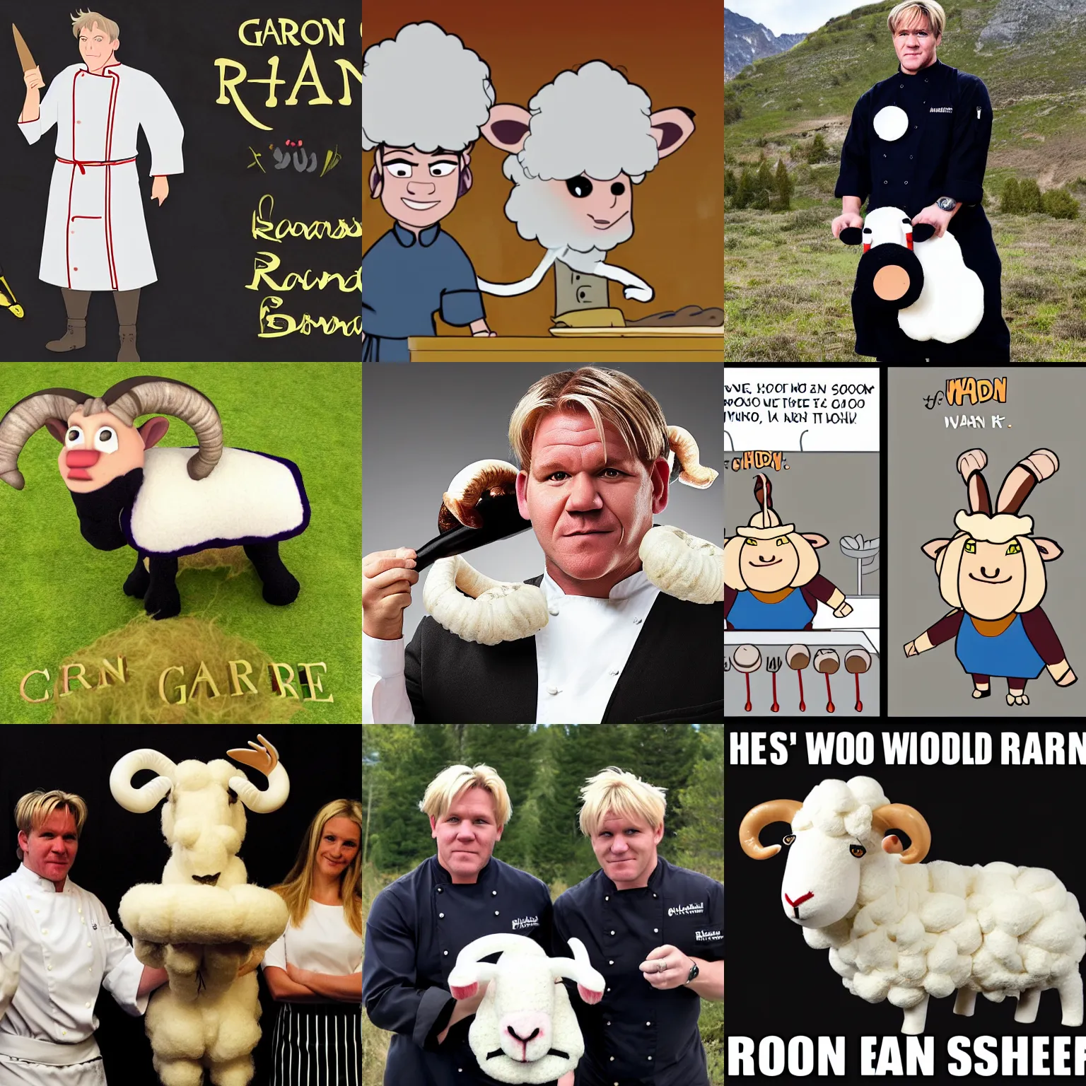 Image similar to chef gordon!! ramsay!! as a ram sheep with horns and wool