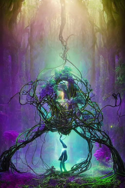 Image similar to mysterious Shaman of the Purple Forest, neon light blue cloak, mycelium, fungi, vines, symmetrical features, illusion, magical realism, ultradetailed, volumetric lighting, 4k UHD, film poster.