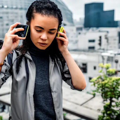 Image similar to candid photographic portrait of a poor techwear mixed young woman using a flip phone inside a dystopian city, closeup, beautiful garden terraces in the background, sigma 85mm f/1.4, 4k, depth of field, high resolution, 4k, 8k, hd, full color