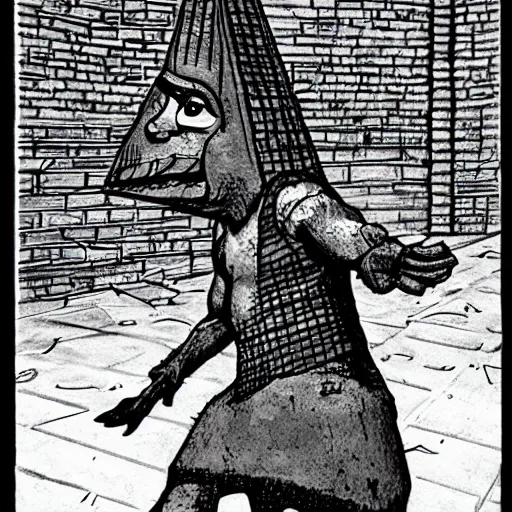 Prompt: Pyramid head shrek trying to eat a sandwich