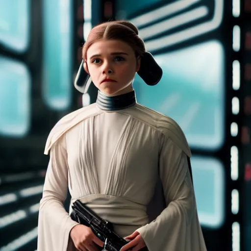 Image similar to Adult Chloe Moretz as Princess Leia, XF IQ4, 150MP, 50mm, F1.4