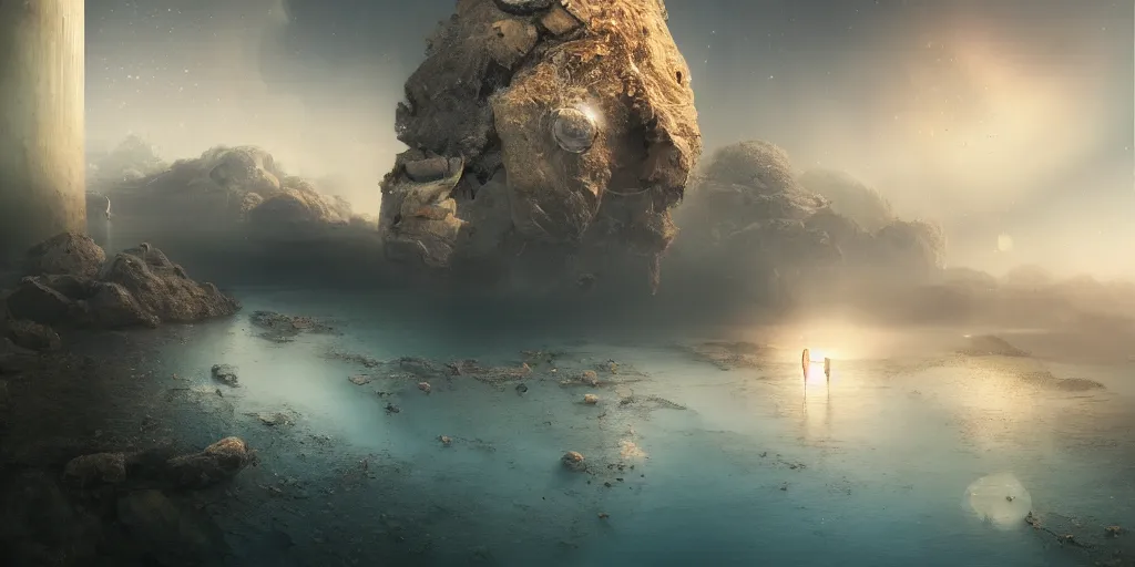 Image similar to artgem and Beeple masterpiece, hyperrealistic surrealism, scifi wide angle landscape, award winning masterpiece with incredible details, epic stunning, infinity pool, a surreal liminal space, highly detailed, trending on ArtStation, calming, meditative, surreal, sharp details, dreamscape, giant gold head statue ruins, crystal clear water