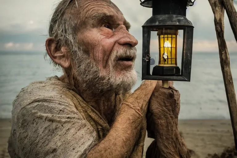 Image similar to closeup old man holding up a lantern on the beach in a pirate ship bay meet to a old wood shack by emmanuel lubezki