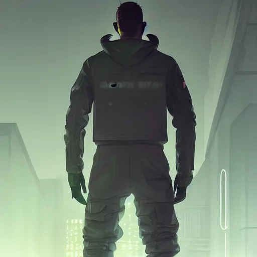 Prompt: A broad shouldered, muscular man in an Acronym techwear outfit, Acronym P31-ds pants, high quality, digital art, dire cyberpunk city, gray sky, neon signs in background, greg rutkowski