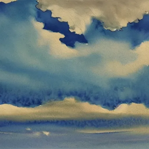 Prompt: the soaring sky with clouds above a beach below, watercolor, by japanese masters, 4 k, beautiful, strong colors, surreal, trending on artstation,