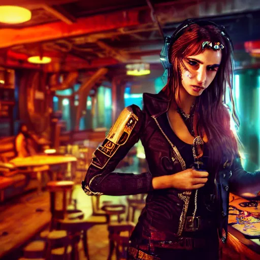 Image similar to a high quality portrait of a beautiful stunning pirate in a cyberpunk cyberpunk cyberpunk cafe, realism, 8k, award winning photo