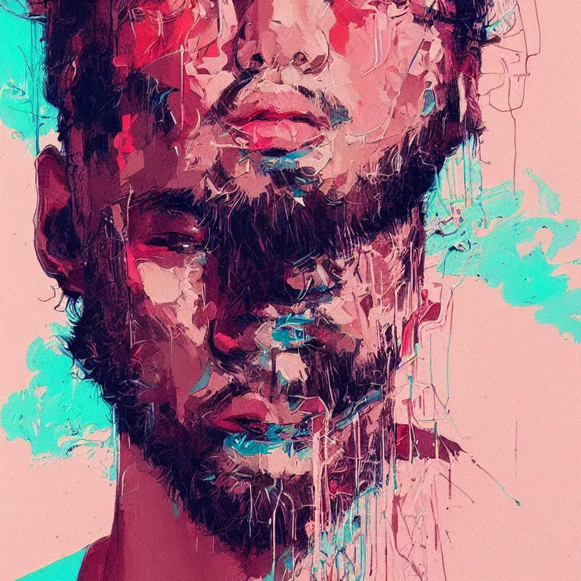 Prompt: close up portrait painting of a male musician in nineties street styling, concept art, intricate details, aesthetically pleasing pastel colors, art by conrad roset, impressionism, portrait