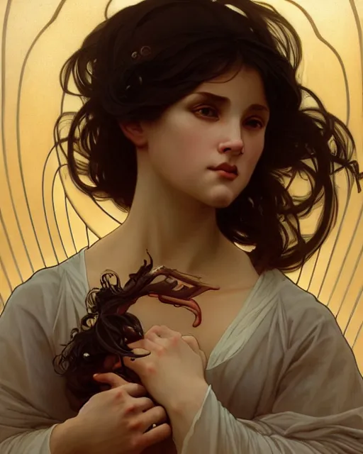 Image similar to a portrait of anguish, concept art, smooth, sharp focus, illustration, art by artgerm and greg rutkowski and alphonse mucha and william - adolphe bouguereau