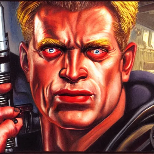 Image similar to portrait painting of duke nukem, art by larry elmore, 4 k,, highly detailed, epic lighting