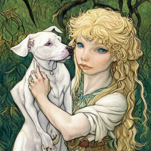 Image similar to elf girl with curly blonde hair pets a white pitbull, highly detailed, painting by rebecca guay