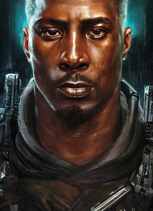 Prompt: dark skinned cyberpunk military man ( blade runner 2 0 4 9, dystopian, cyberpunk 2 0 7 7 character design ), advanced warfare, attractive face. portrait by james gurney and laurie greasley and yoji shinkawa, oil on canvas. cinematic composition, hyper realism, realistic proportions, anatomy, dramatic lighting, photorealistic, high detail, 4 k