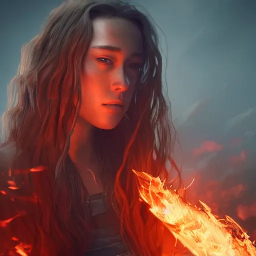 Prompt: alycia debnam-carey as a pyromancer with fire aura in the background, fantasy, illustration, octane render, detailed picture, concept art, Ray tracing reflection